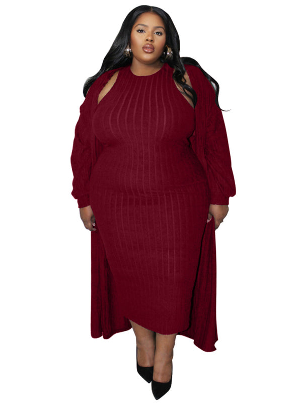 Outfit Set- Ribbed Plus Size Dress & Cardigan Set for Office to Evening- - IndioGear Women Clothing