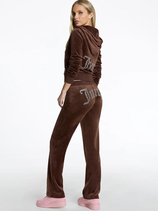 Outfit Set- Velvet 2 Piece Tracksuit Hoodie & Velour Flared Pants- - IndioGear Women Clothing