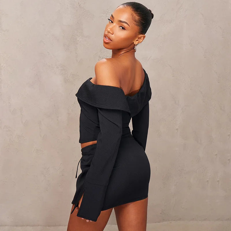 Outfit Sets- Asymmetrical Off-Shoulder Top and Mini Skirt Set for Runway- - IndioGear Women Clothing