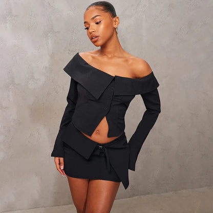 Outfit Sets- Asymmetrical Off-Shoulder Top and Mini Skirt Set for Runway- Black- IndioGear Women Clothing