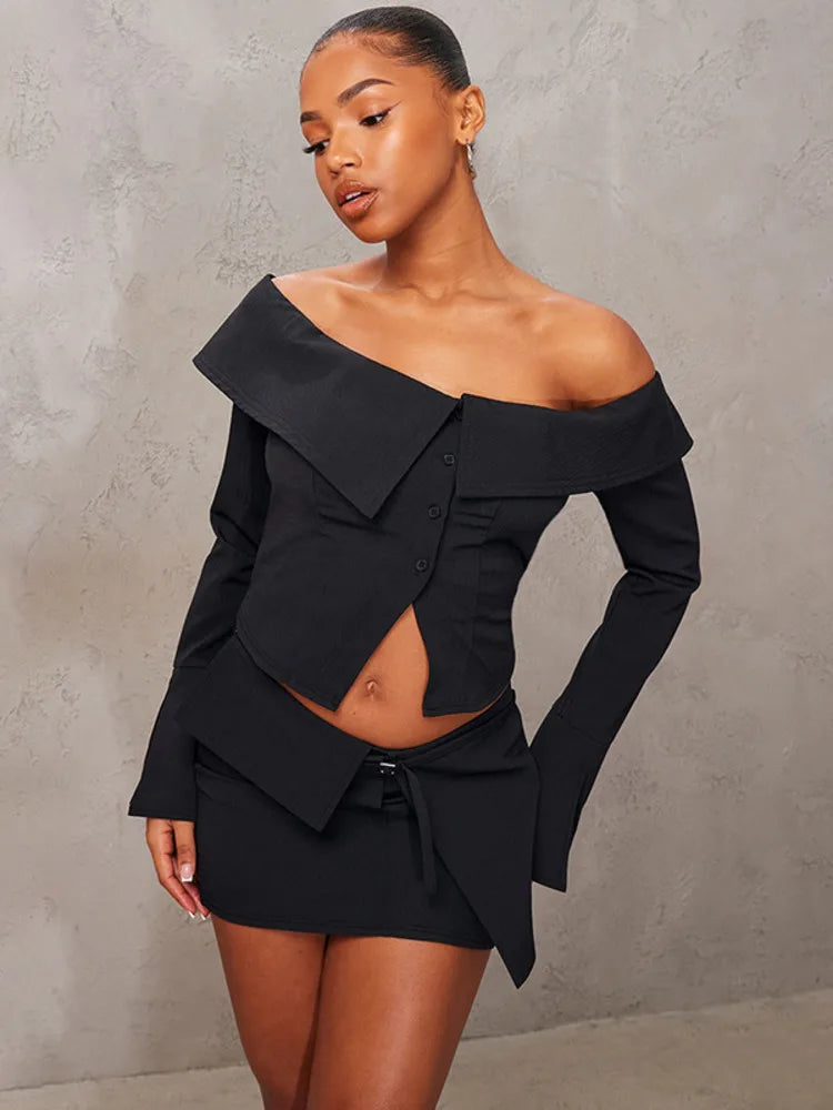 Outfit Sets- Asymmetrical Off-Shoulder Top and Mini Skirt Set for Runway- - IndioGear Women Clothing