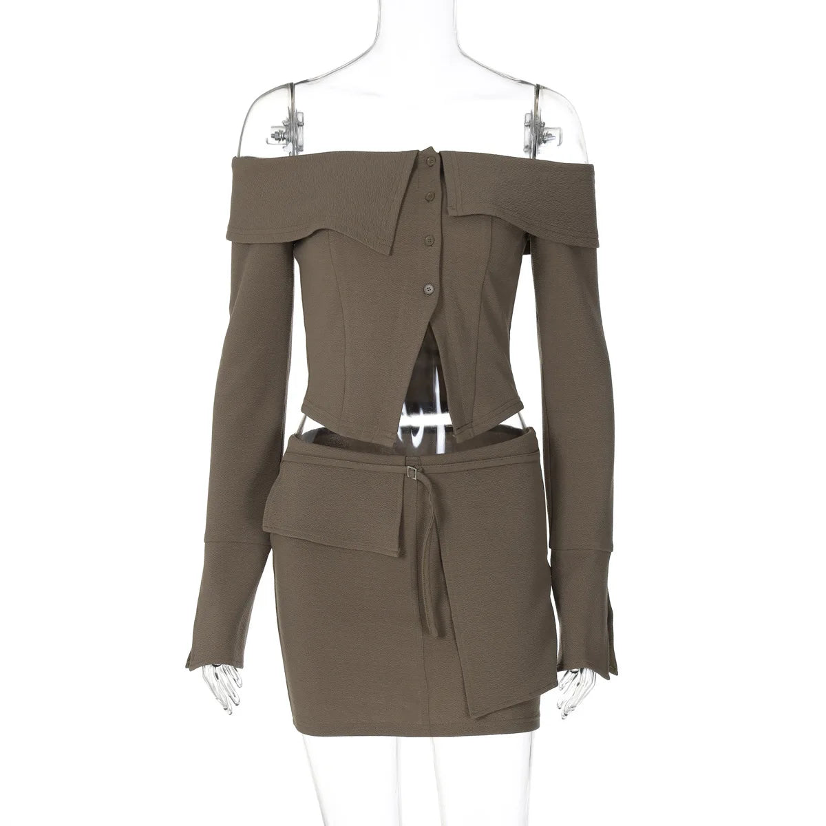 Outfit Sets- Asymmetrical Off-Shoulder Top and Mini Skirt Set for Runway- Brown- IndioGear Women Clothing