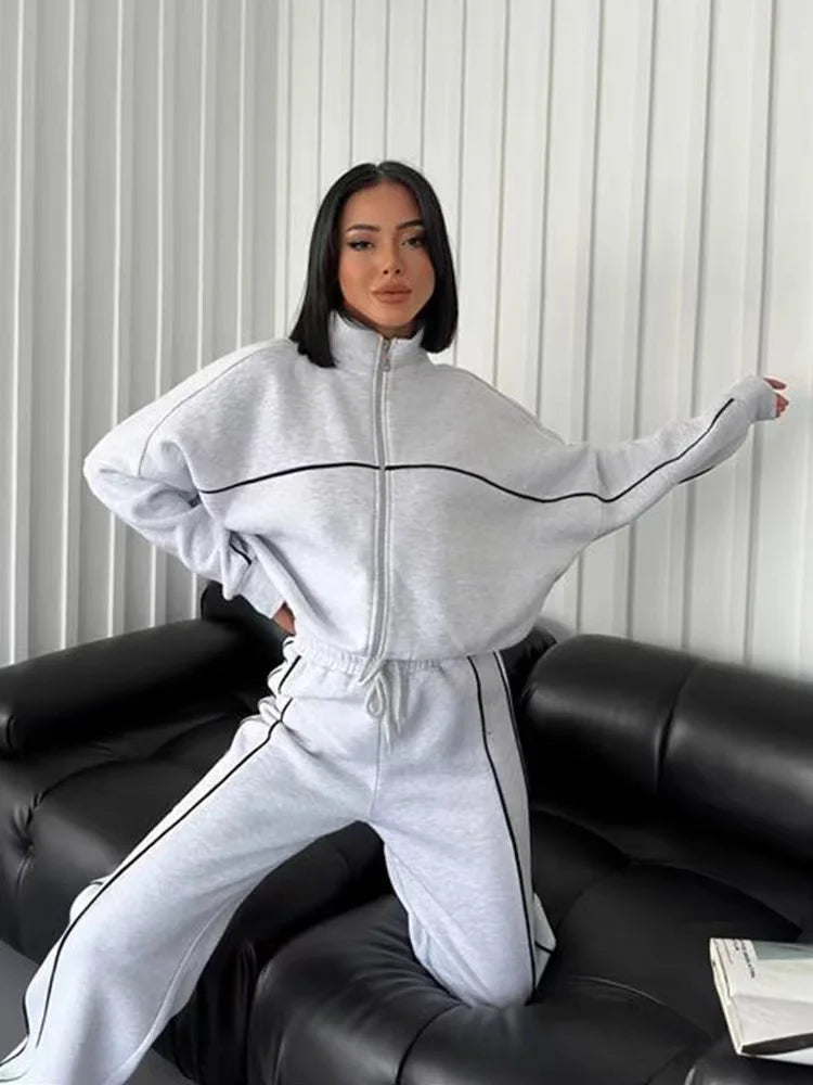 Outfit Sets- Athleisure Sweat 2-Piece Set Sweatshirt & Lounge Pants- Light Grey- IndioGear.com