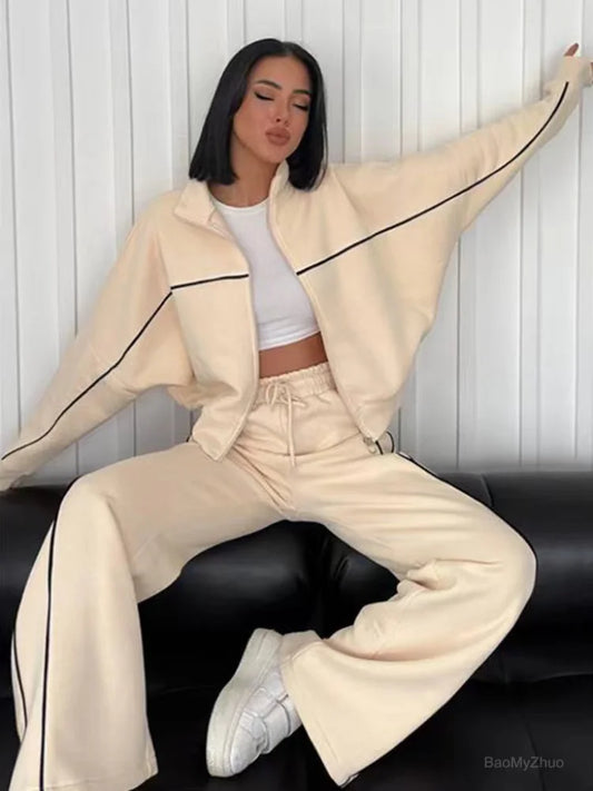 Outfit Sets- Athleisure Sweat 2-Piece Set Sweatshirt & Lounge Pants- Apricot- IndioGear.com