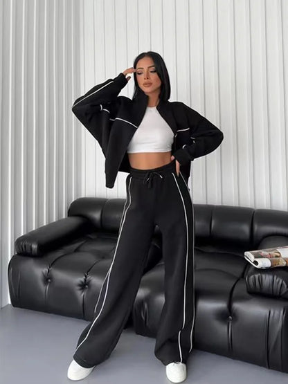 Outfit Sets- Athleisure Sweat 2-Piece Set Sweatshirt & Lounge Pants- Black- IndioGear.com