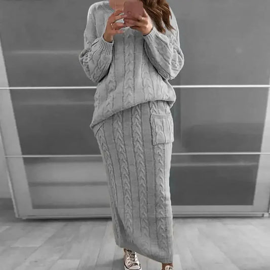 Outfit Sets- Cozy Knitwear 2-Piece Cable Knit Skirt & Sweater Set- Light Grey- IndioGear.com