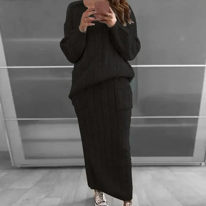 Outfit Sets- Cozy Knitwear 2-Piece Cable Knit Skirt & Sweater Set- - IndioGear.com