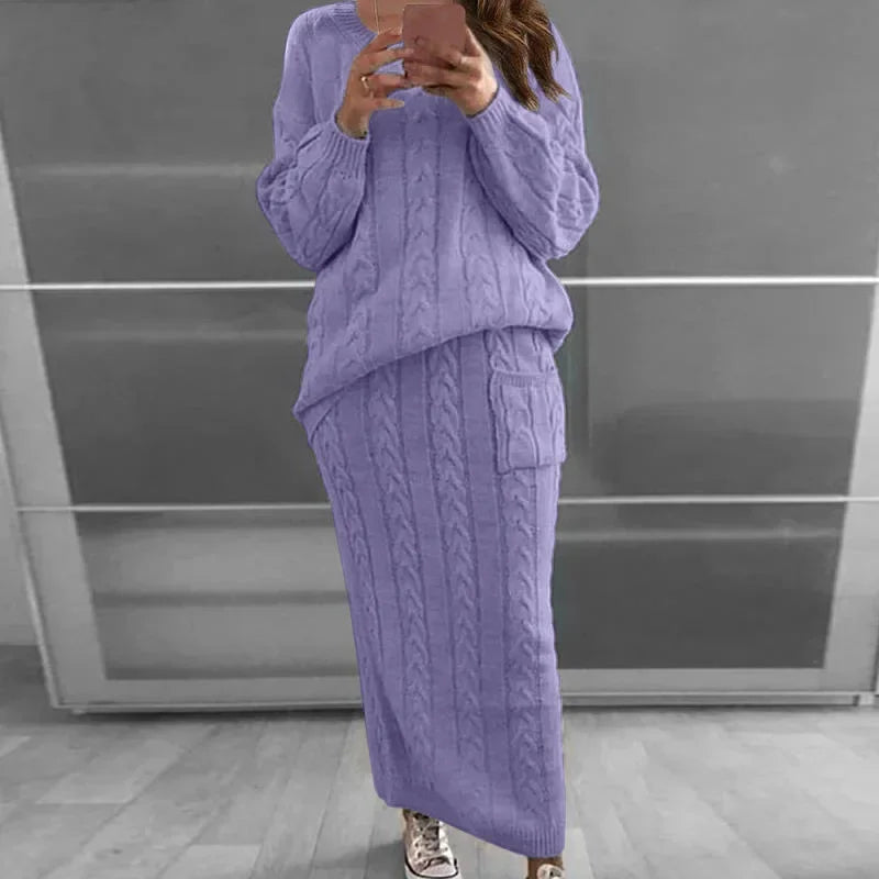 Outfit Sets- Cozy Knitwear 2-Piece Cable Knit Skirt & Sweater Set- Purple- IndioGear.com