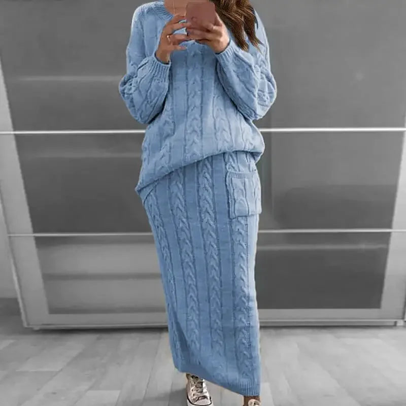 Outfit Sets- Cozy Knitwear 2-Piece Cable Knit Skirt & Sweater Set- Blue- IndioGear.com