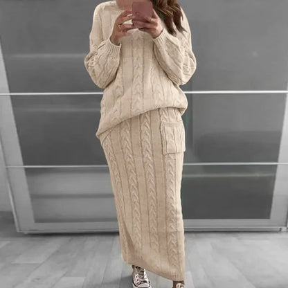 Outfit Sets- Cozy Knitwear 2-Piece Cable Knit Skirt & Sweater Set- - IndioGear.com