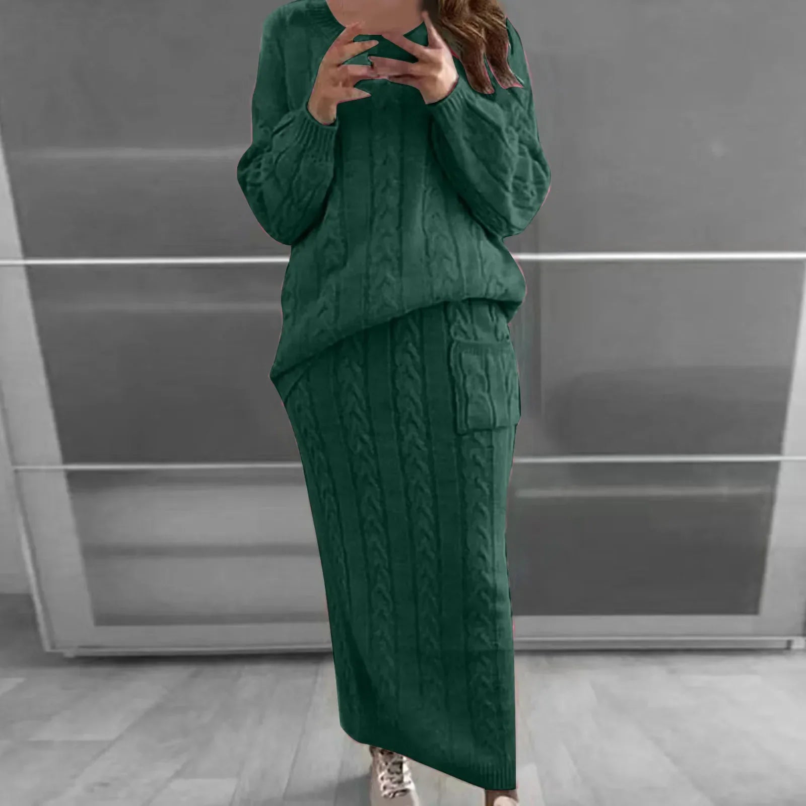 Outfit Sets- Cozy Knitwear 2-Piece Cable Knit Skirt & Sweater Set- - IndioGear.com