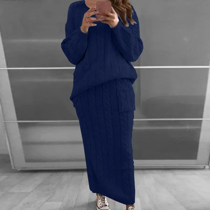 Outfit Sets- Cozy Knitwear 2-Piece Cable Knit Skirt & Sweater Set- Royal blue 2- IndioGear.com