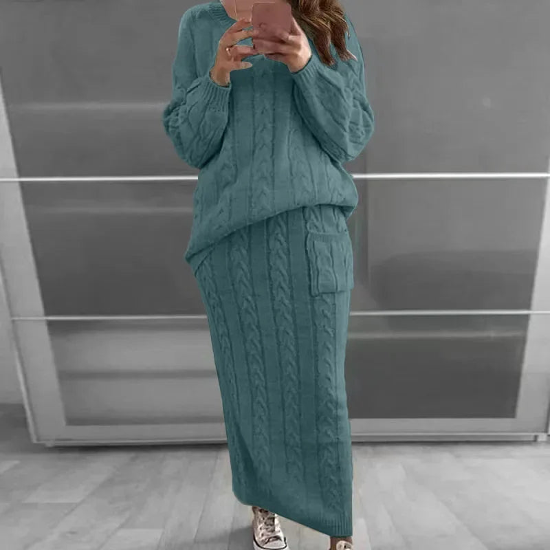 Outfit Sets- Cozy Knitwear 2-Piece Cable Knit Skirt & Sweater Set- - IndioGear.com