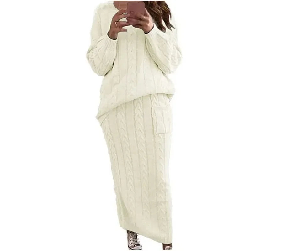 Outfit Sets- Cozy Knitwear 2-Piece Cable Knit Skirt & Sweater Set- White- IndioGear.com