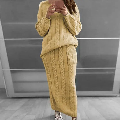 Outfit Sets- Cozy Knitwear 2-Piece Cable Knit Skirt & Sweater Set- Yellow- IndioGear.com