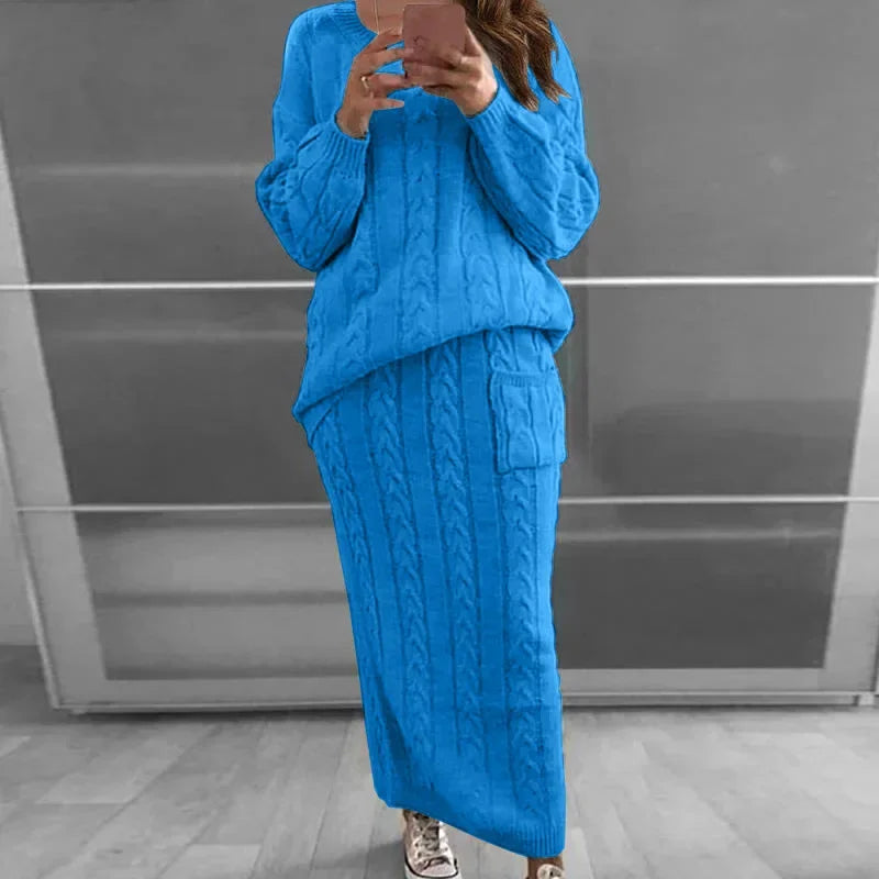 Outfit Sets- Cozy Knitwear 2-Piece Cable Knit Skirt & Sweater Set- - IndioGear.com