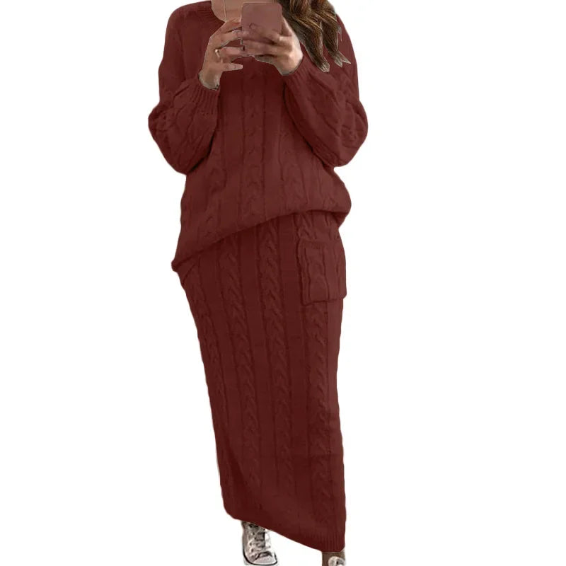 Outfit Sets- Cozy Knitwear 2-Piece Cable Knit Skirt & Sweater Set- - IndioGear.com