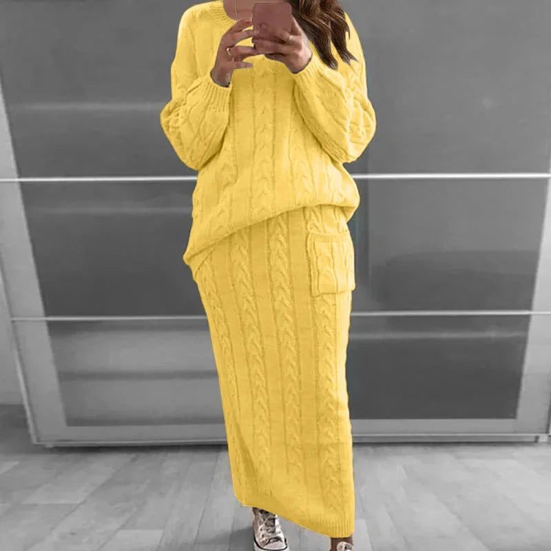 Outfit Sets- Cozy Knitwear 2-Piece Cable Knit Skirt & Sweater Set- - IndioGear.com