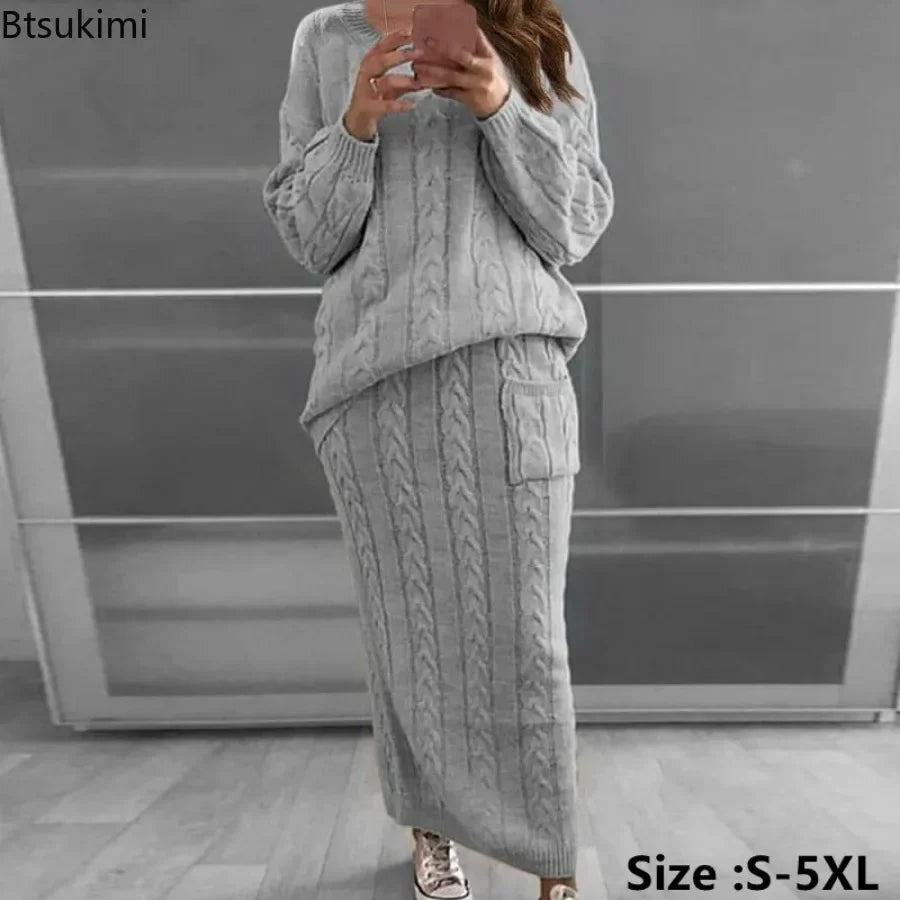 Outfit Sets- Cozy Knitwear 2-Piece Cable Knit Skirt & Sweater Set- - IndioGear.com