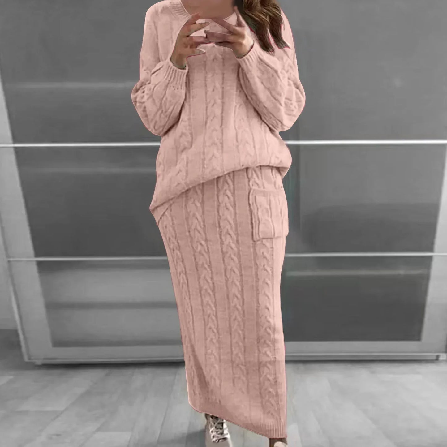 Outfit Sets- Cozy Knitwear 2-Piece Cable Knit Skirt & Sweater Set- Pink- IndioGear.com