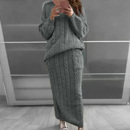 Outfit Sets- Cozy Knitwear 2-Piece Cable Knit Skirt & Sweater Set- Dark Grey- IndioGear.com