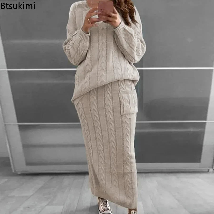 Outfit Sets- Cozy Knitwear 2-Piece Cable Knit Skirt & Sweater Set- - IndioGear.com