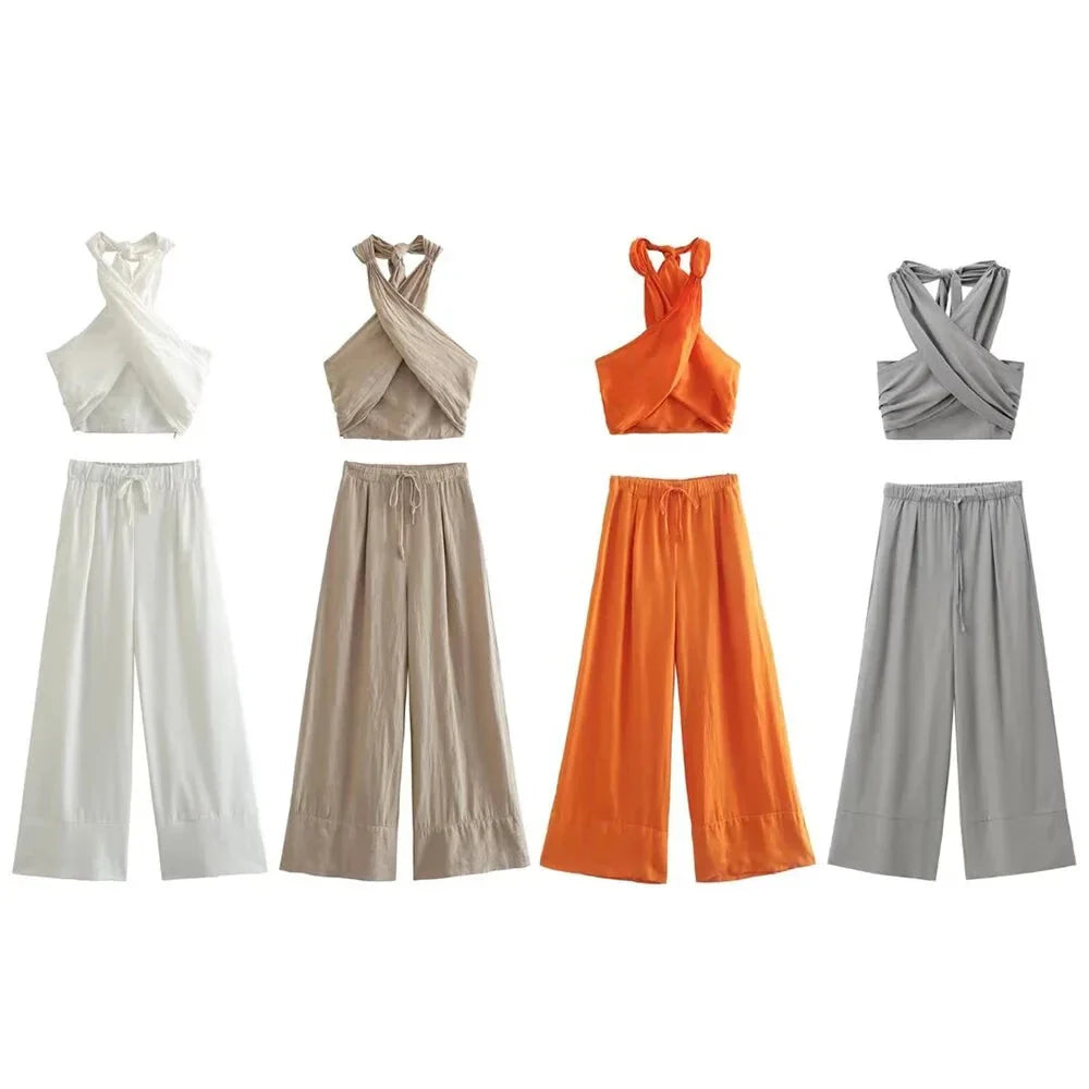 Outfit Sets - Draped Crop Top & Flowy Wide-Leg Pant Set for Beach Outings