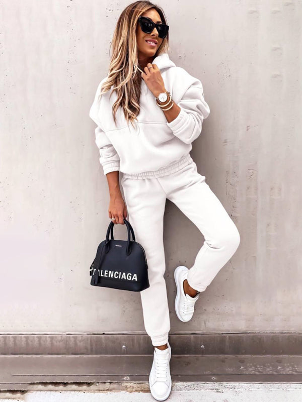 Outfit Sets- Hoodie & Sweatpants Set 2 Piece Pencil Pants and Sweatshirt- White- IndioGear Women Clothing