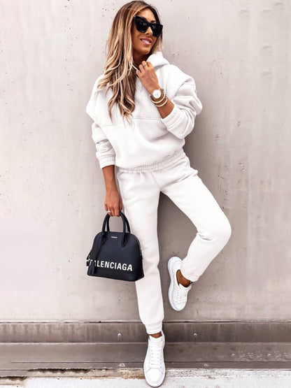 Outfit Sets- Hoodie & Sweatpants Set 2 Piece Pencil Pants and Sweatshirt- White- IndioGear Women Clothing