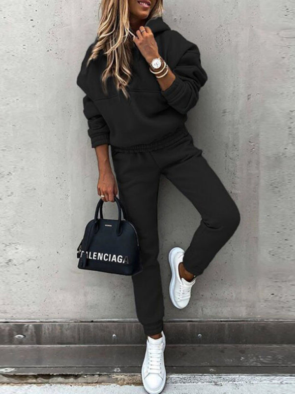 Outfit Sets- Hoodie & Sweatpants Set 2 Piece Pencil Pants and Sweatshirt- Black- IndioGear Women Clothing