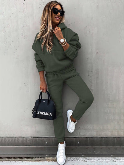 Outfit Sets- Hoodie & Sweatpants Set 2 Piece Pencil Pants and Sweatshirt- Olive green- IndioGear Women Clothing