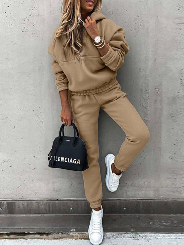 Outfit Sets- Hoodie & Sweatpants Set 2 Piece Pencil Pants and Sweatshirt- Khaki- IndioGear Women Clothing