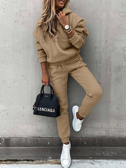 Outfit Sets- Hoodie & Sweatpants Set 2 Piece Pencil Pants and Sweatshirt- Khaki- IndioGear Women Clothing