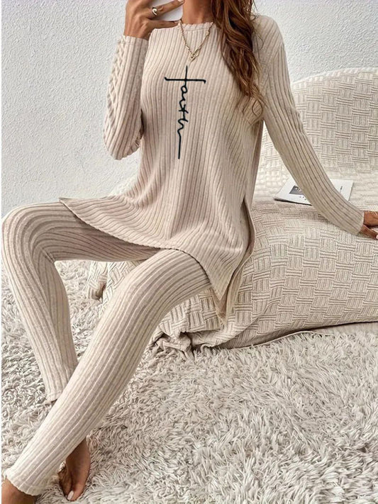 Outfit Sets- Neutral Knit Longline Pullover & Ribbed Leggings Outfit- - IndioGear Women Clothing