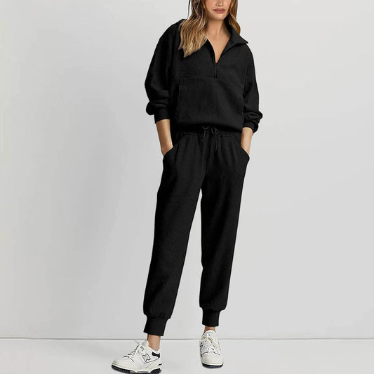 Outfit Sets- Ribbed Jogger Set 2 Piece Sweatshirts & Sweatpants- Black- IndioGear.com