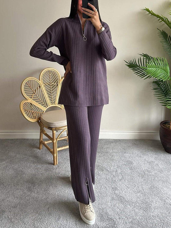 Outfit Sets- Ribbed Zip Loungewear Pants and Top- Purple- IndioGear Women Clothing