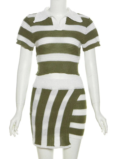 Outfit Sets - Stripe Knit Set for Trendy Outings Polo & Mini Skirt 2 Piece