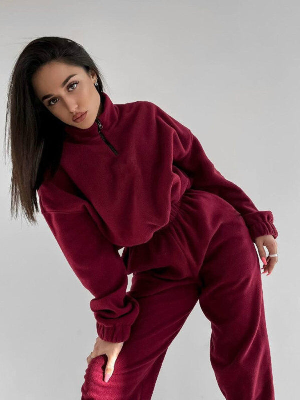 Outfit Sets- Sweats Lounge Pants and Sweatshirt Sporty Outfit- Wine Red- IndioGear Women Clothing