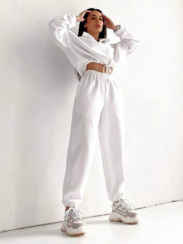 Outfit Sets- Sweats Lounge Pants and Sweatshirt Sporty Outfit- White- IndioGear Women Clothing