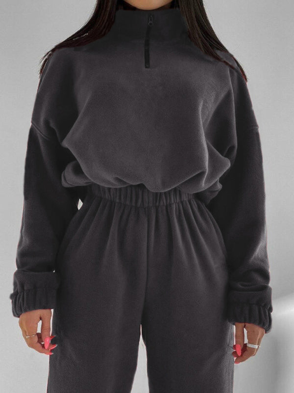 Outfit Sets- Sweats Lounge Pants and Sweatshirt Sporty Outfit- Charcoal grey- IndioGear Women Clothing