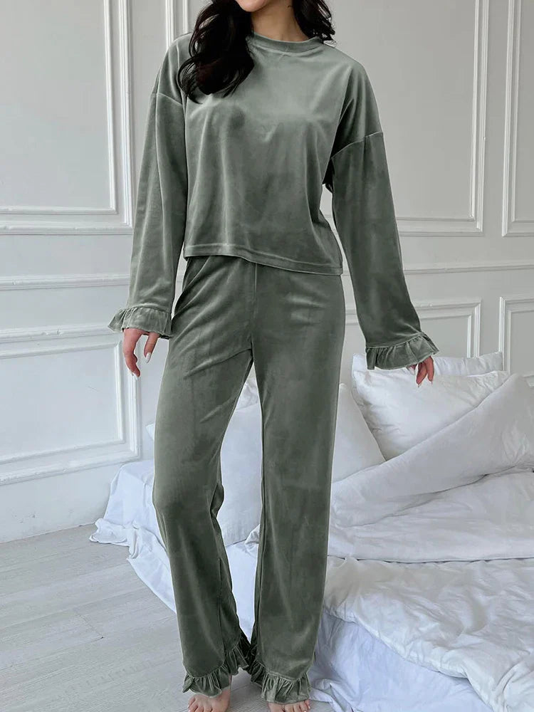 Outfit Sets- Velour Loungewear Frilled Pajama Set 2 Piece Velvet Pants & Top- Green- IndioGear Women Clothing