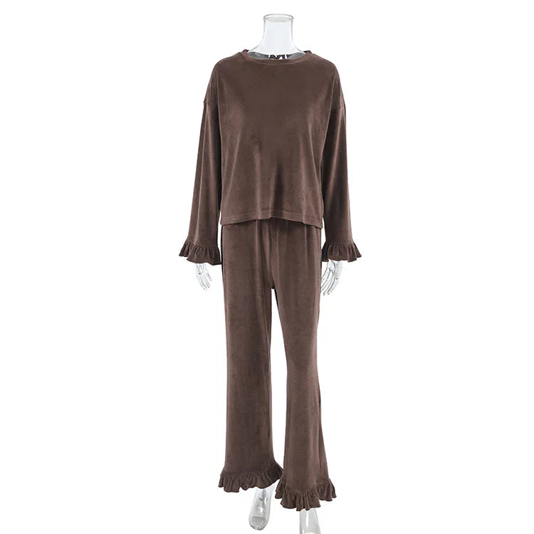 Outfit Sets- Velour Loungewear Frilled Pajama Set 2 Piece Velvet Pants & Top- - IndioGear Women Clothing