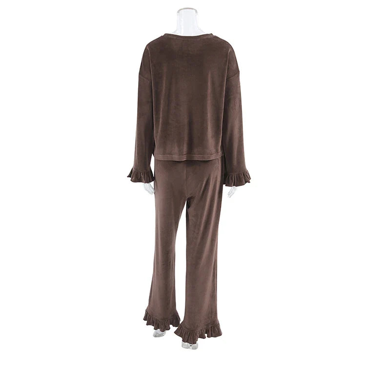 Outfit Sets- Velour Loungewear Frilled Pajama Set 2 Piece Velvet Pants & Top- - IndioGear Women Clothing