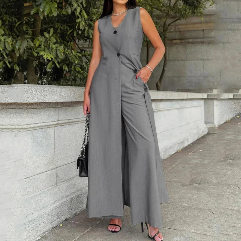 Outfit Sets- Women Tailored Business Outfit for Women Pants and Vest Dress- Dark gray- IndioGear.com