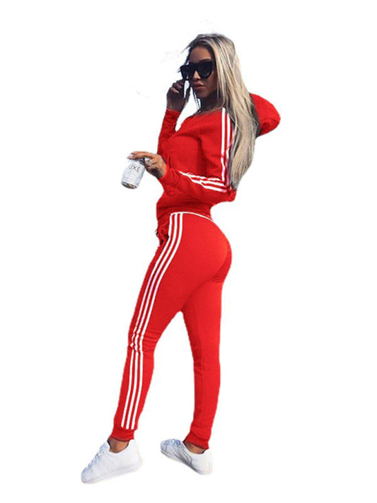 Outfit Sets- Zip-Up Tracksuit Two-Piece Outfit Pants and Hoodie- Red- IndioGear Women Clothing