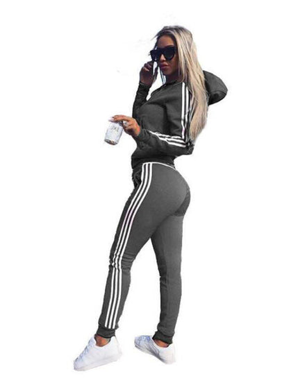 Outfit Sets- Zip-Up Tracksuit Two-Piece Outfit Pants and Hoodie- Grey- IndioGear Women Clothing