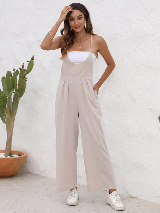 Overalls- Full-Length Bib Playsuit with Tie-Back - Women's Solid Overalls- Khaki- IndioGear Fashion and Gear