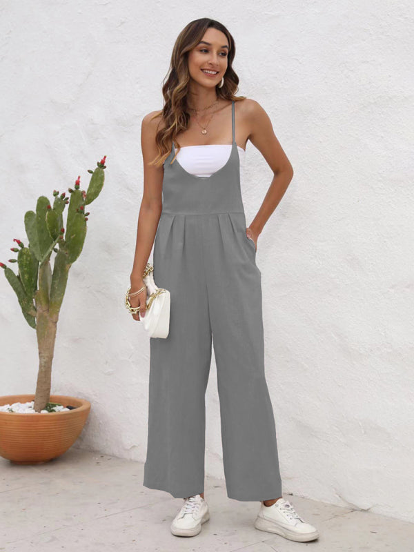 Overalls- Full-Length Bib Playsuit with Tie-Back - Women's Solid Overalls- - IndioGear Fashion and Gear