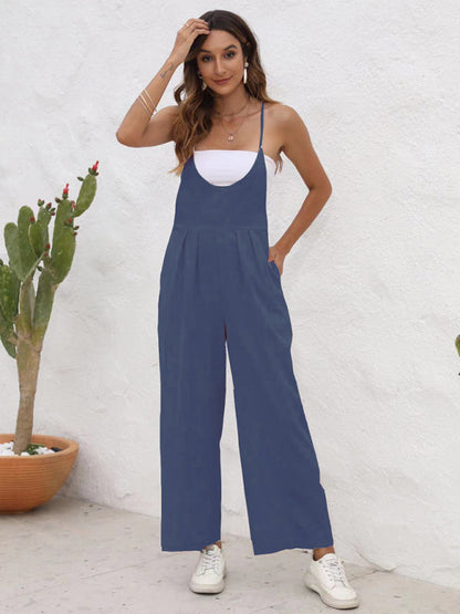 Overalls- Full-Length Bib Playsuit with Tie-Back - Women's Solid Overalls- - IndioGear Fashion and Gear