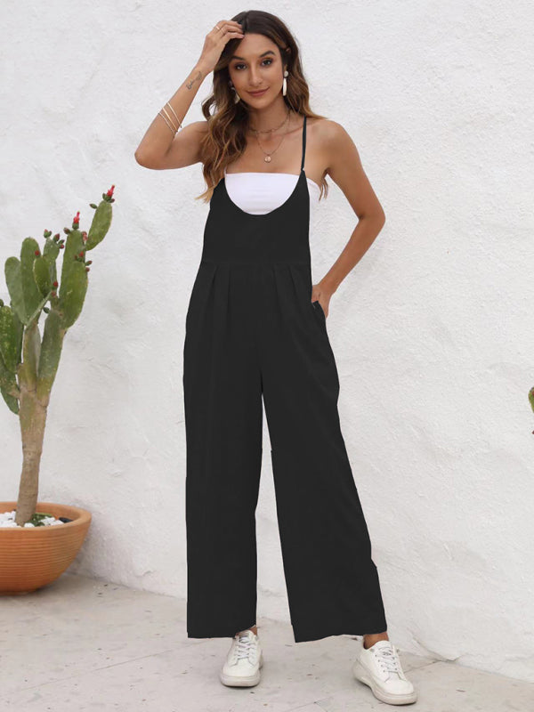 Overalls- Full-Length Bib Playsuit with Tie-Back - Women's Solid Overalls- - IndioGear Fashion and Gear